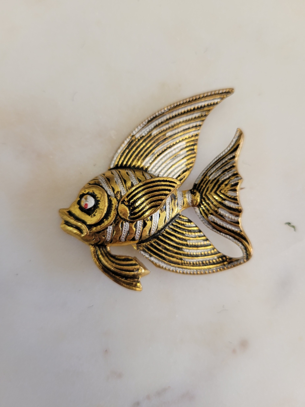 Vintage Fish Damascene Handmade Made in Spain Mixed Metal Gold Silver Brooch